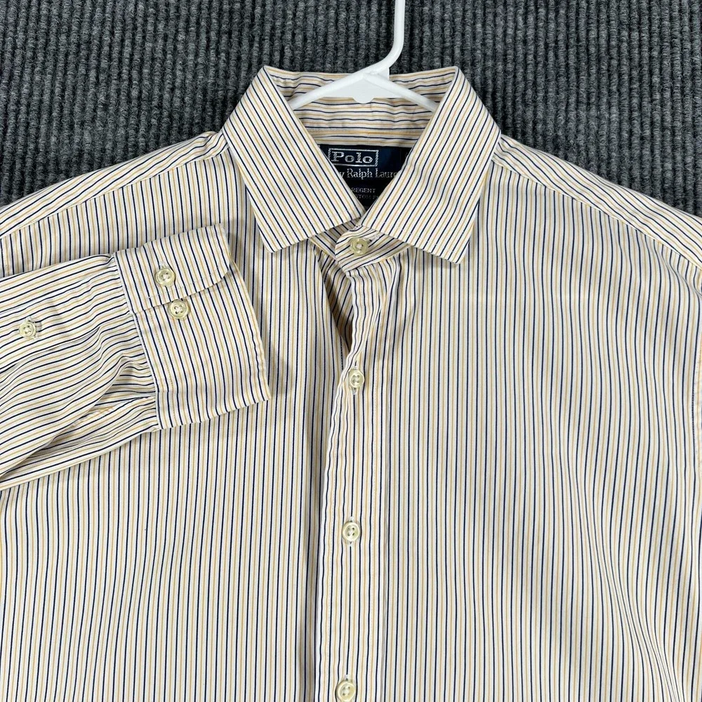 Polo Ralph Lauren Shirt Mens 16 Blue Yellow Striped Long Sleeve Button Up Regent